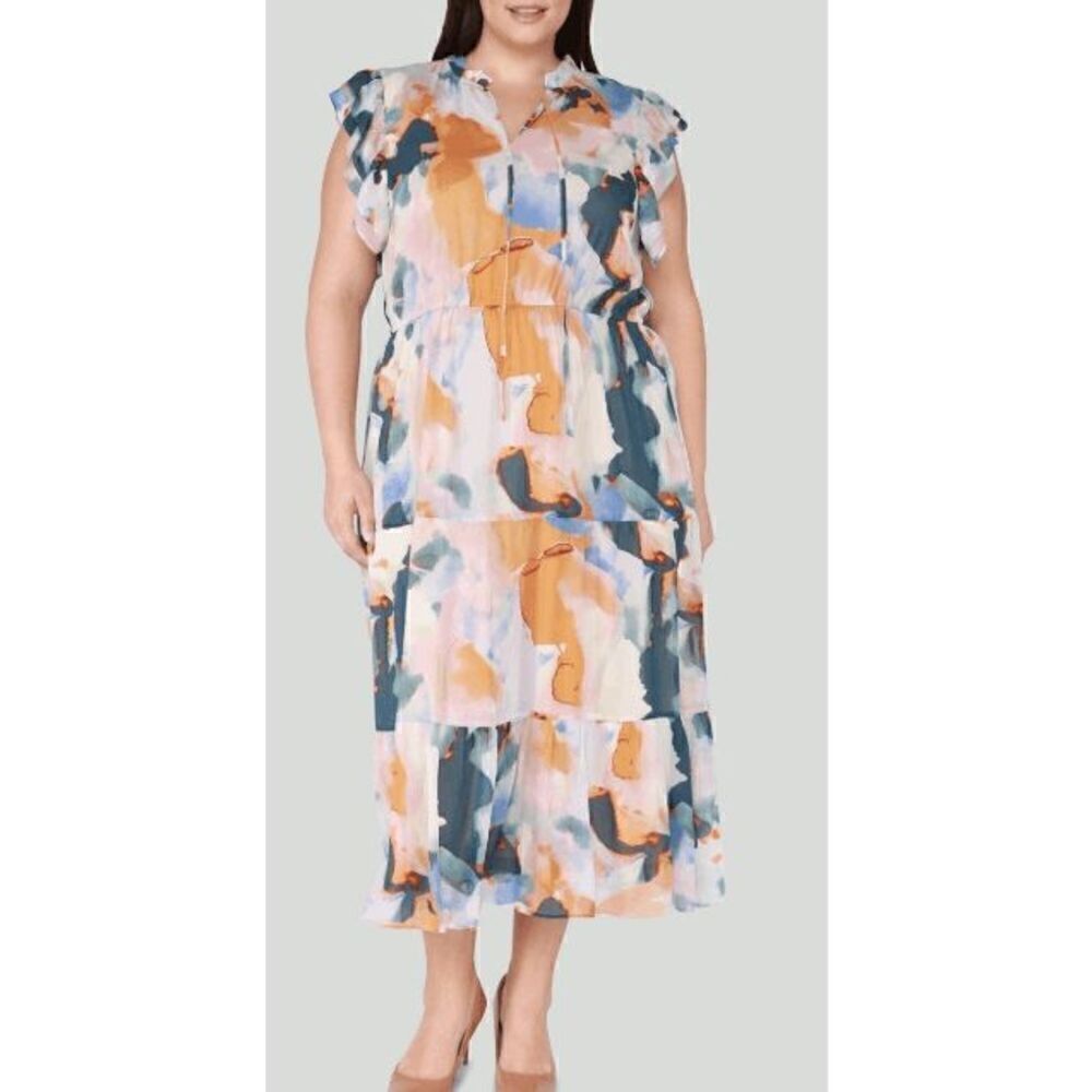 BLACK TAPE Trendy Plus Size Ruffle-sleeve Tiered Maxi Dress In Watercolor Blue P
